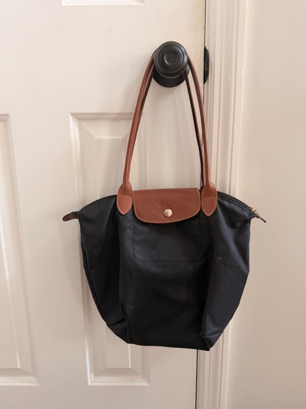 Long Champ Black and Brown Nylon Tote Bag with Leather Trim